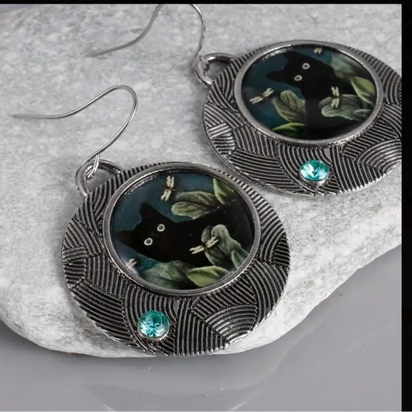 😸Oxidized Silver Alloy Black Cat Circular Hook Drop Earrings - Picture 12 of 15
